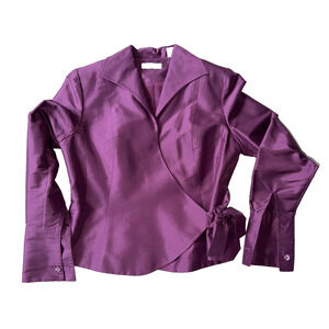 Kate Hill 100% Silk Purple Wrap Blouse Size 4 Shoulder Pad Top